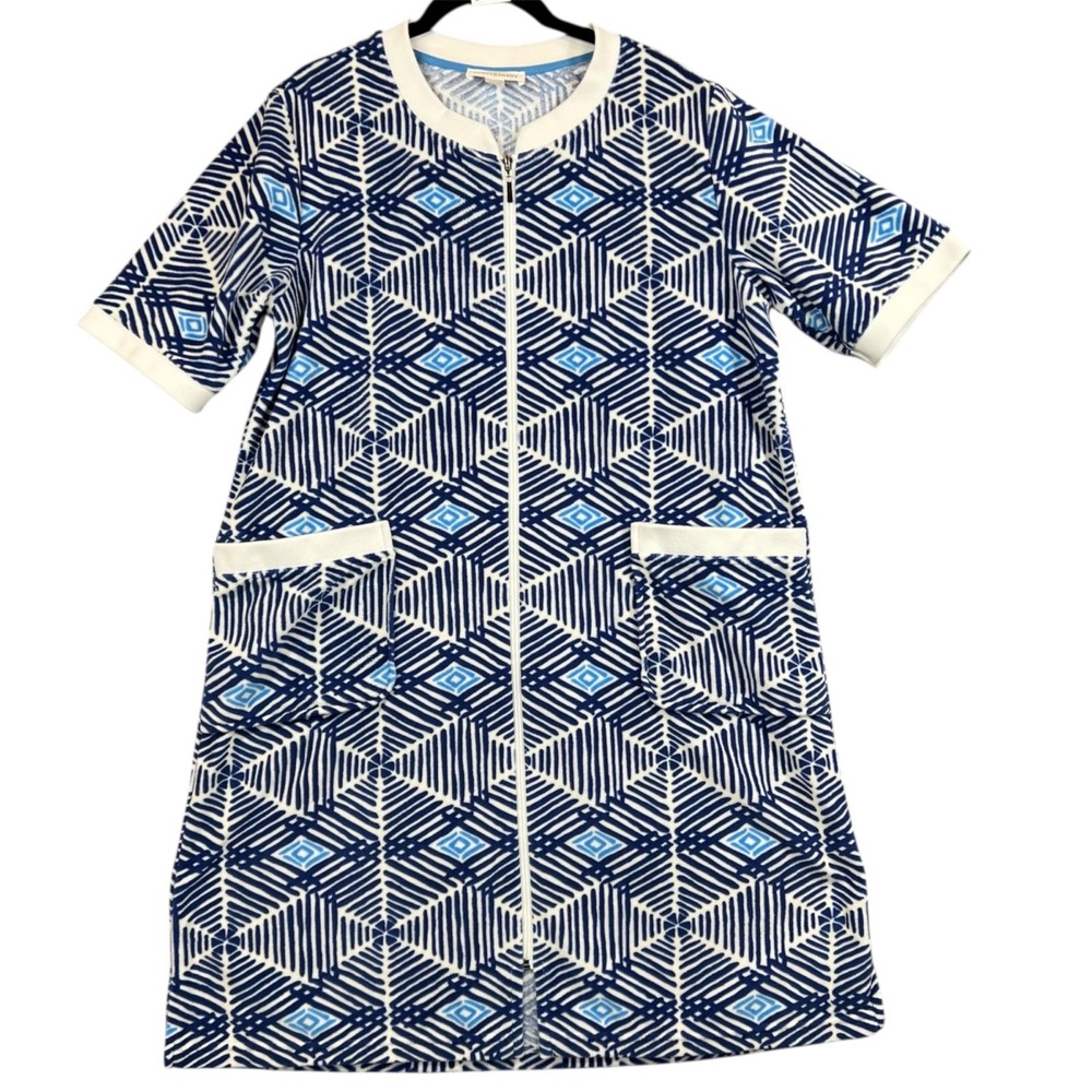 Stan Herman Robe/Lounger/Beach Cover Up Women's M Blue Mosaic Terry Cloth